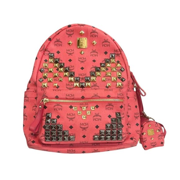 MCM Red Pink Large Visetos Laptop Backpack Gold Black Studded w/ Mini Coin Bag - Picture 1 of 10